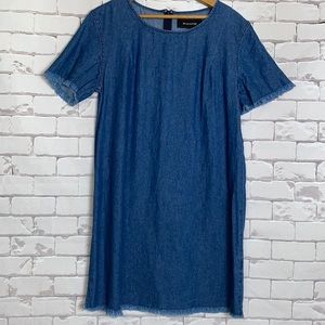 JW Signature denim dress shirt raw hem sleeves zipper back - dark wash - medium